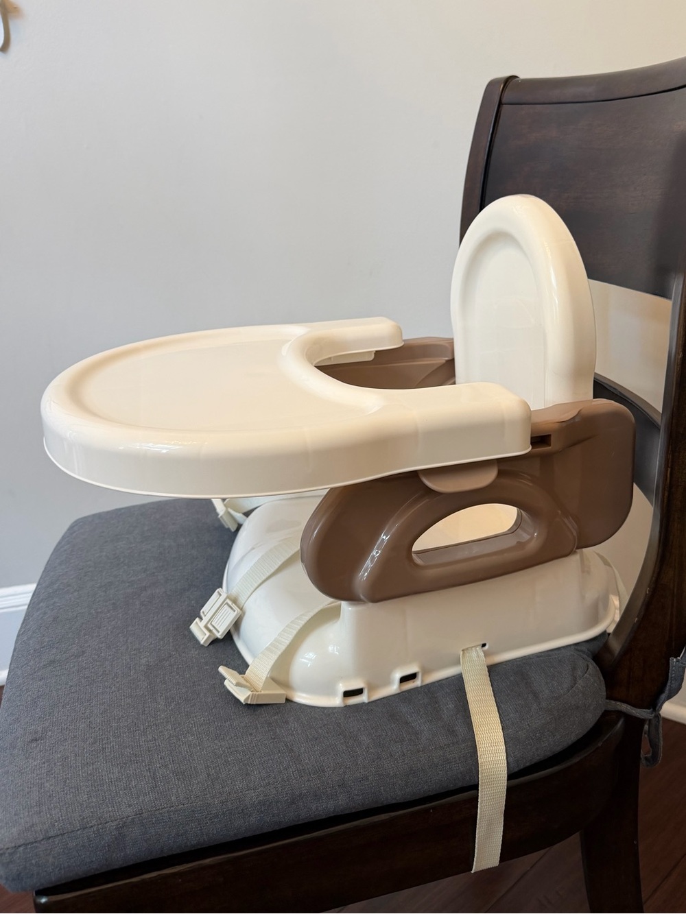 Portable Booster Seat with Tray in Cream and Brown compact fold for travel